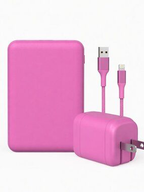 New GEMS PINK USB-A to USB-C Charging Gift Set with 5000MmAh Power Bank, Cable,